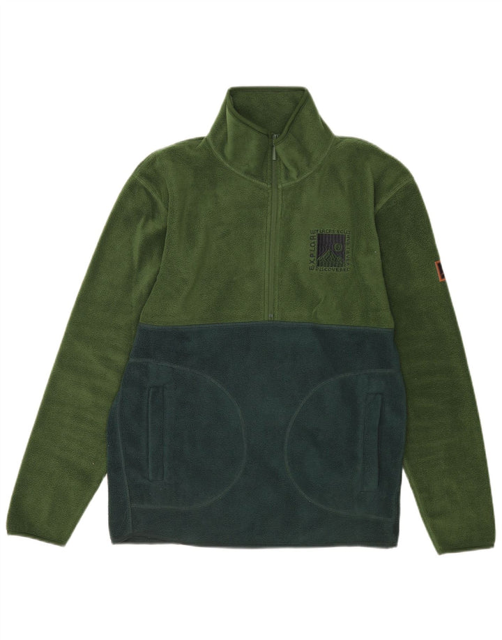 Vintage Mens Zip Neck Fleece Jumper Medium Green Colourblock Polyester