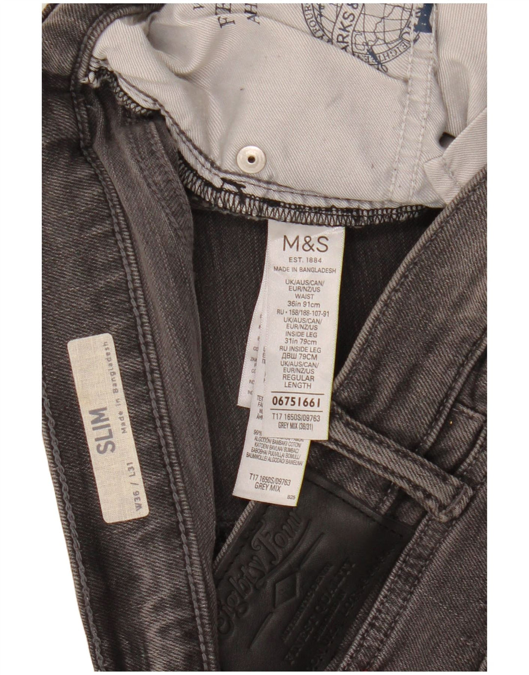 Marks & Spencer Mens Slim Jeans W36 L31 Grey Cotton