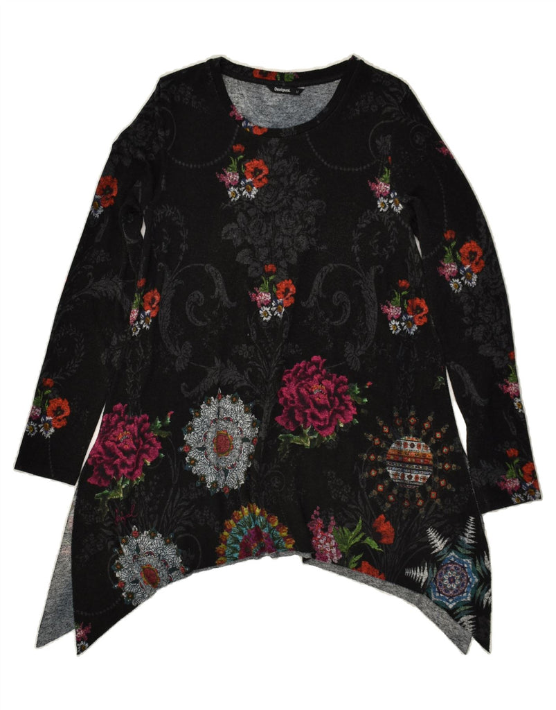 DESIGUAL Womens Long Sleeve Tunic Top UK 12 Medium Black Floral Viscose | Vintage Desigual | Thrift | Second-Hand Desigual | Used Clothing | Messina Hembry 