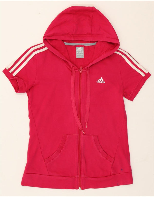 Adidas Womens Short Sleeve Zip Hoodie Sweater UK 12 Medium Pink Cotton