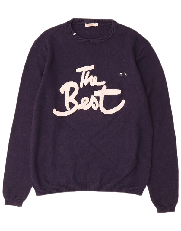 Sun68 Mens Graphic Crew Neck Jumper Sweater Medium Navy Blue Wool