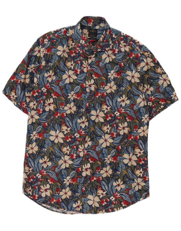 Vintage Mens Hawaii Short Sleeve Slim Fit Shirt Medium Navy Blue Floral