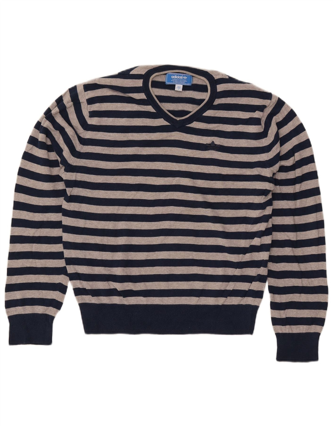 ADIDAS Mens V-Neck Jumper Sweater Small Navy Blue Striped Cotton