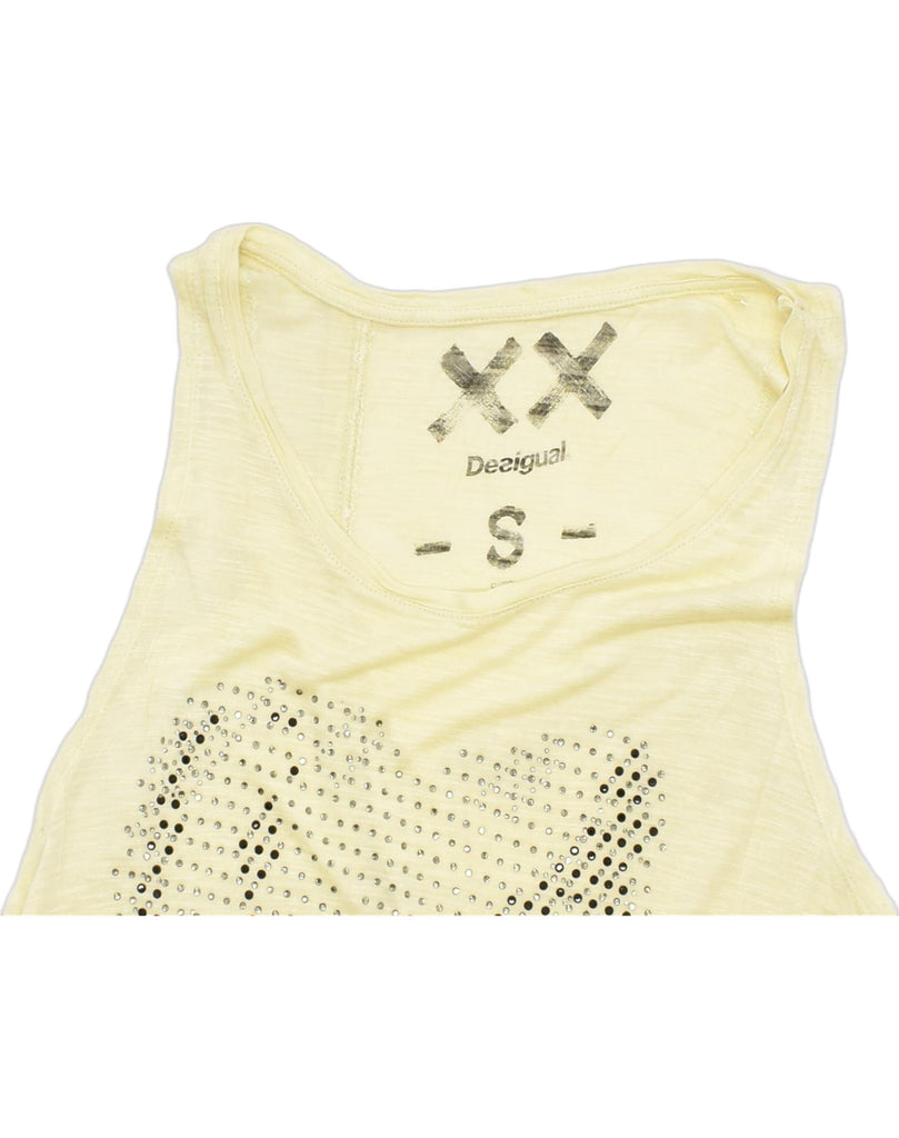 DESIGUAL Womens Sleeveless Graphic Tunic Top UK 10 Small Yellow Cotton | Vintage | Thrift | Second-Hand | Used Clothing | Messina Hembry 