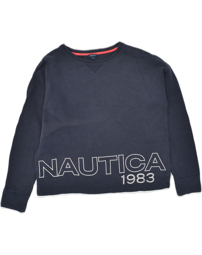 NAUTICA Womens Graphic Sweatshirt Jumper UK 14 Medium Navy Blue Cotton | Vintage Nautica | Thrift | Second-Hand Nautica | Used Clothing | Messina Hembry 