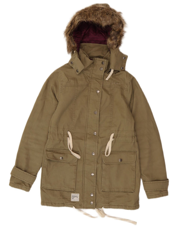 Animal Womens Hooded Parka Jacket UK 6 XS  Khaki Cotton