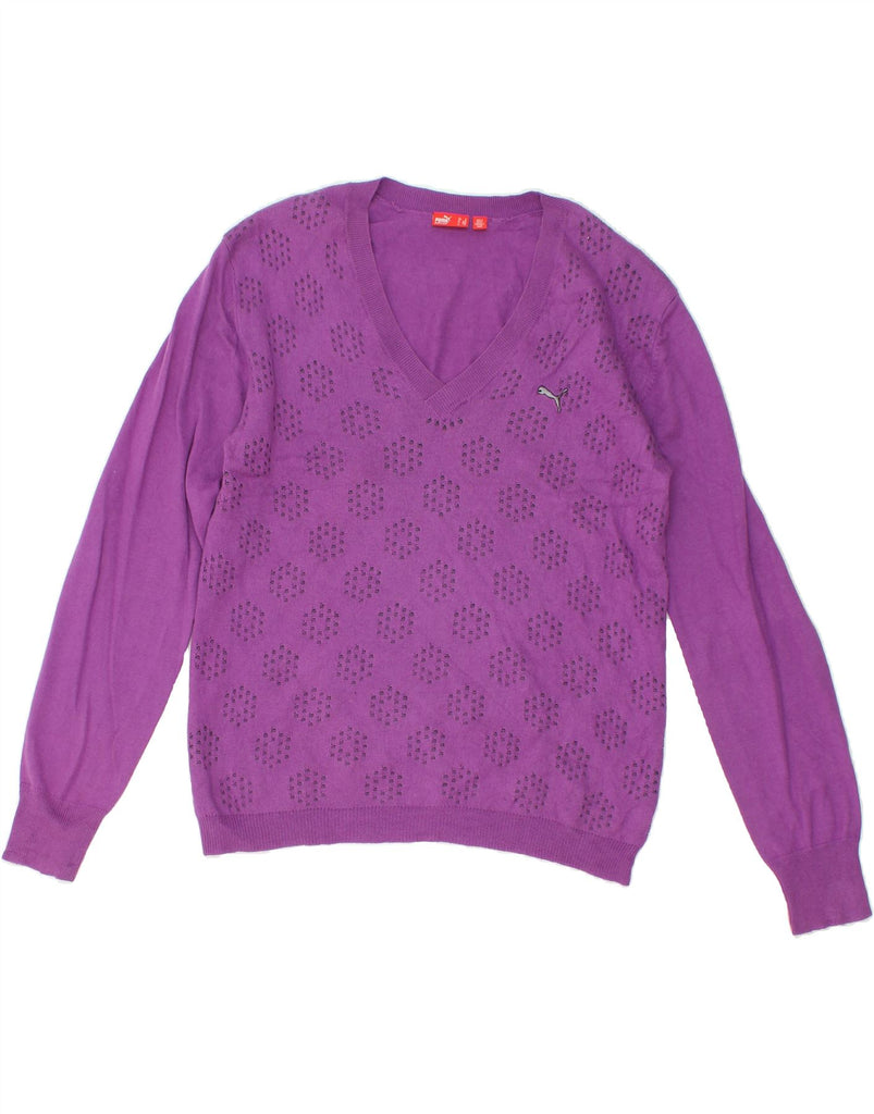 PUMA Womens Abstract Pattern V-Neck Jumper Sweater UK 14 Medium Purple | Vintage Puma | Thrift | Second-Hand Puma | Used Clothing | Messina Hembry 