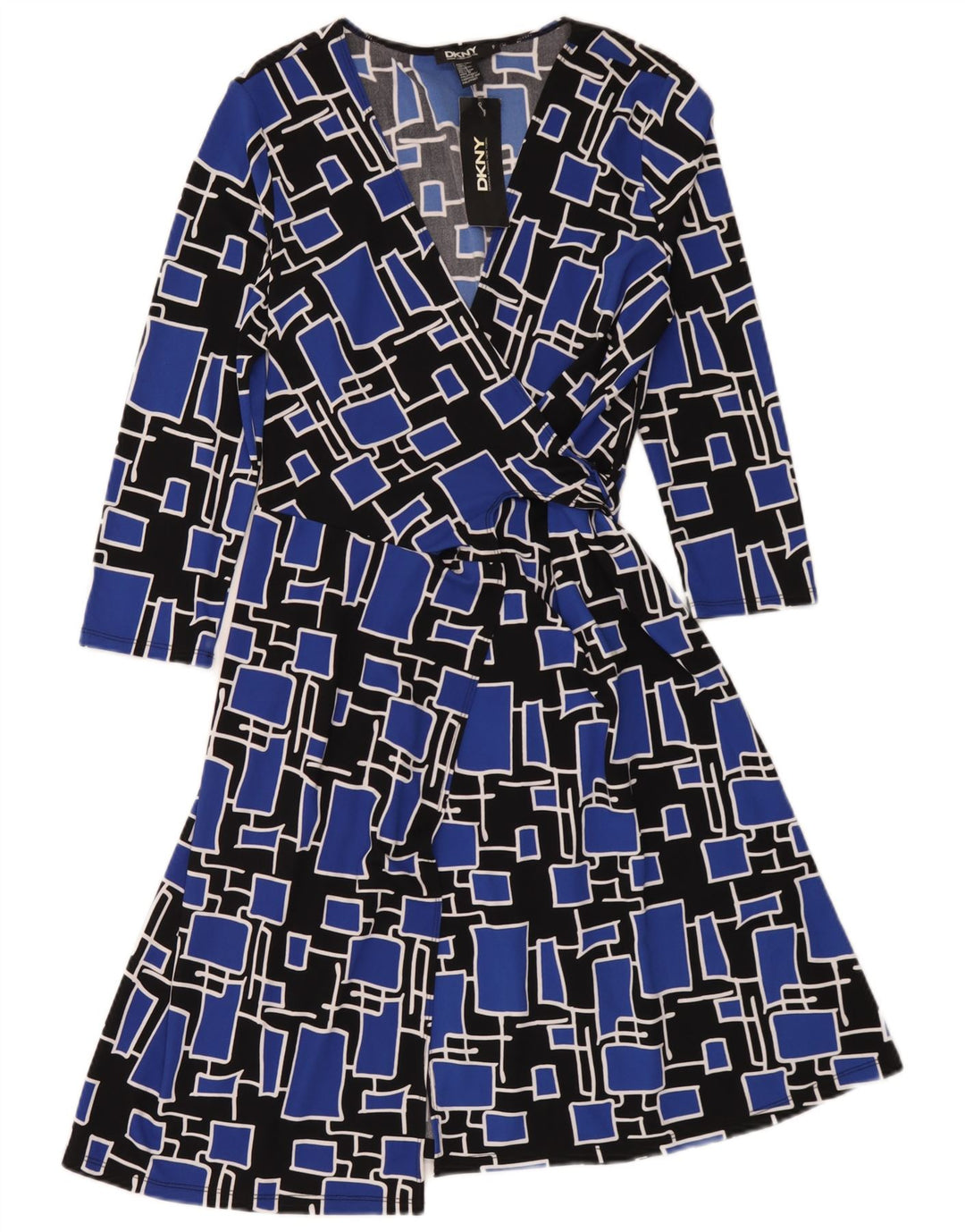 Dkny Womens 3/4 Sleeve Wrap Dress One Size Blue Geometric Polyester