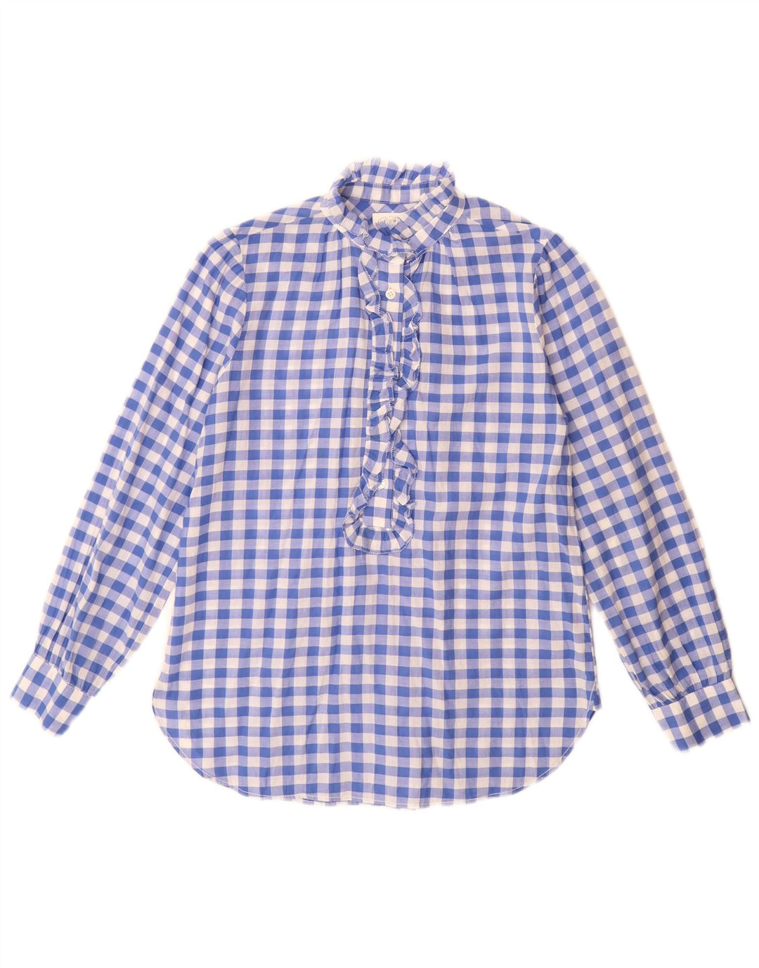 J. Crew Womens Ruffle Front Long Sleeve Shirt Blouse US 4 Small Blue Check