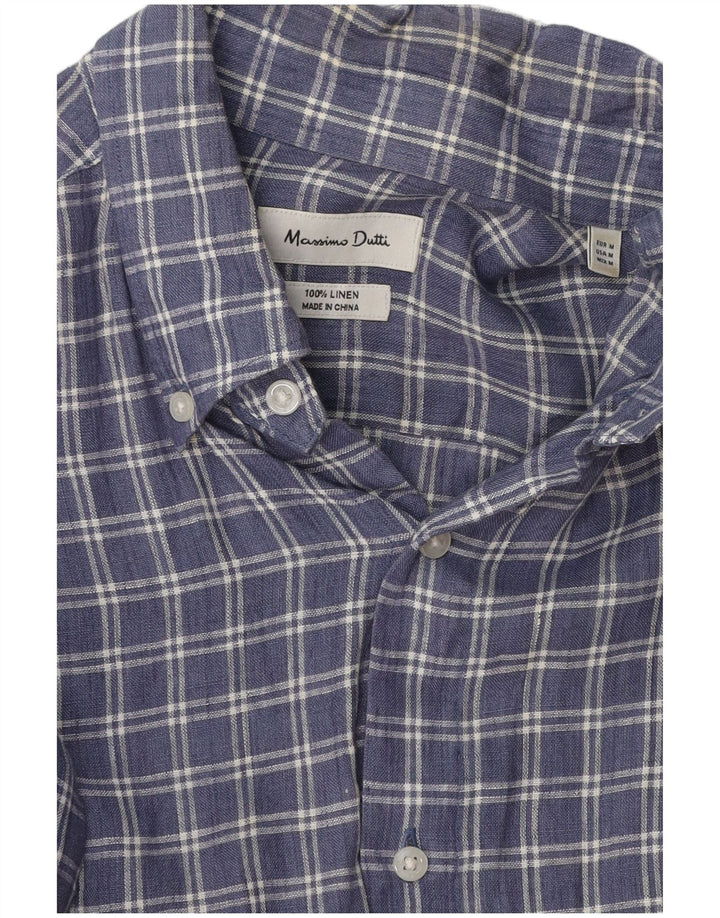 Massimo Dutti Mens Shirt Medium Blue Check Linen