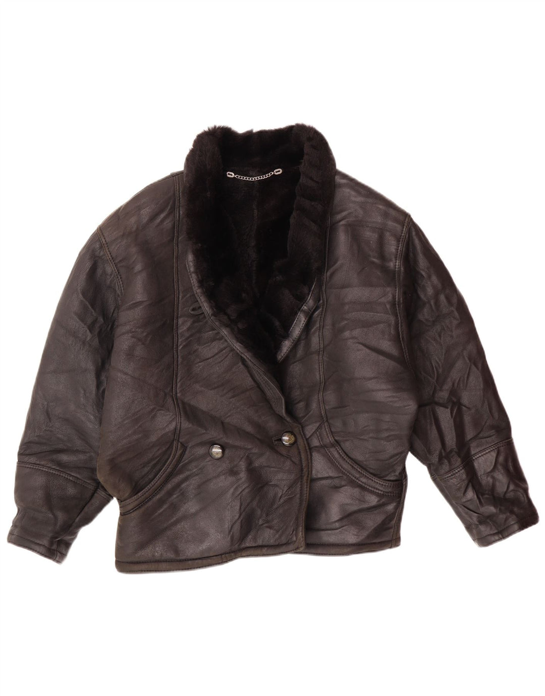 VINTAGE Womens Double Breasted Jacket EU 42 Large Black Shearling