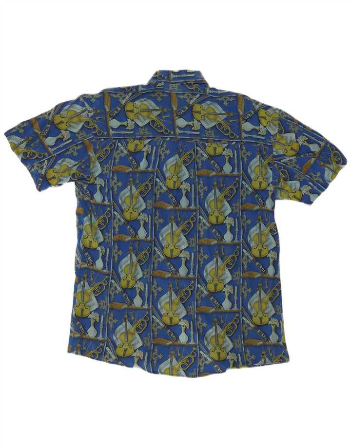 VINTAGE Mens Abstract Pattern Short Sleeve Shirt Large Blue Silk