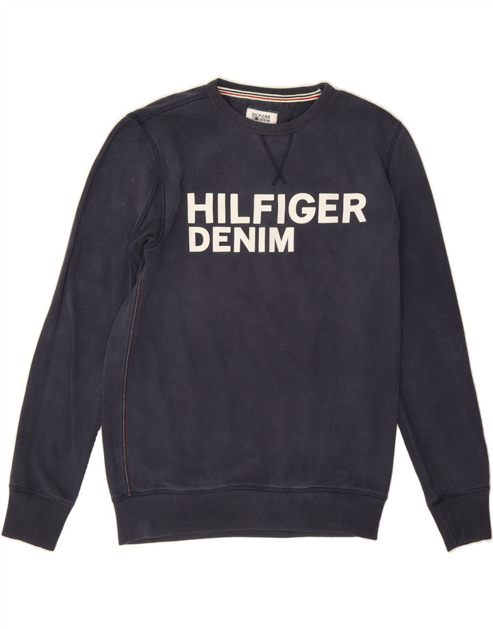 TOMMY HILFIGER Mens Graphic Sweatshirt Jumper Small Navy Blue Cotton Vintage Tommy Hilfiger and Second-Hand Tommy Hilfiger from Messina Hembry 