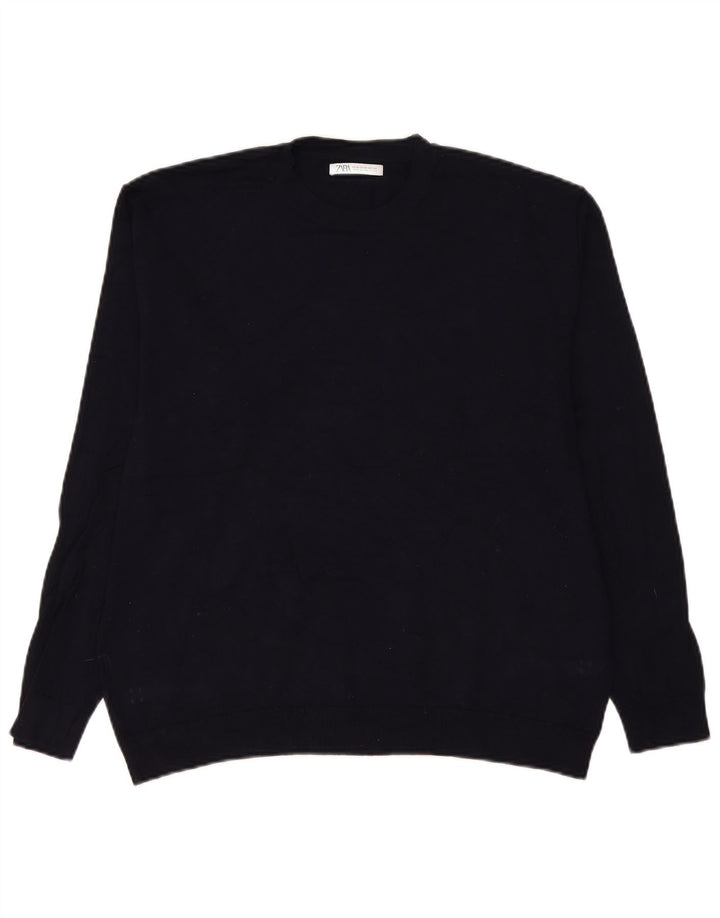 Zara Mens Crew Neck Jumper Sweater Medium Navy Blue Viscose