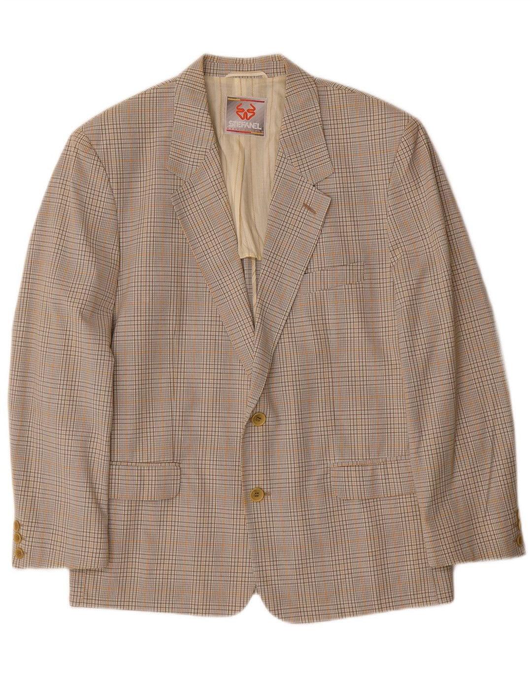 Stefanel Mens 2 Button Blazer Jacket IT 48 Medium Beige Check Cotton