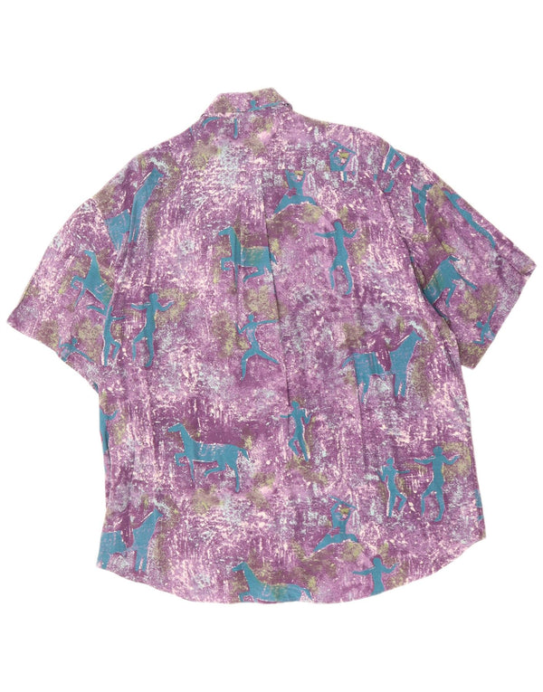 Vintage Mens Abstract Pattern Short Sleeve Shirt Large Purple Viscose