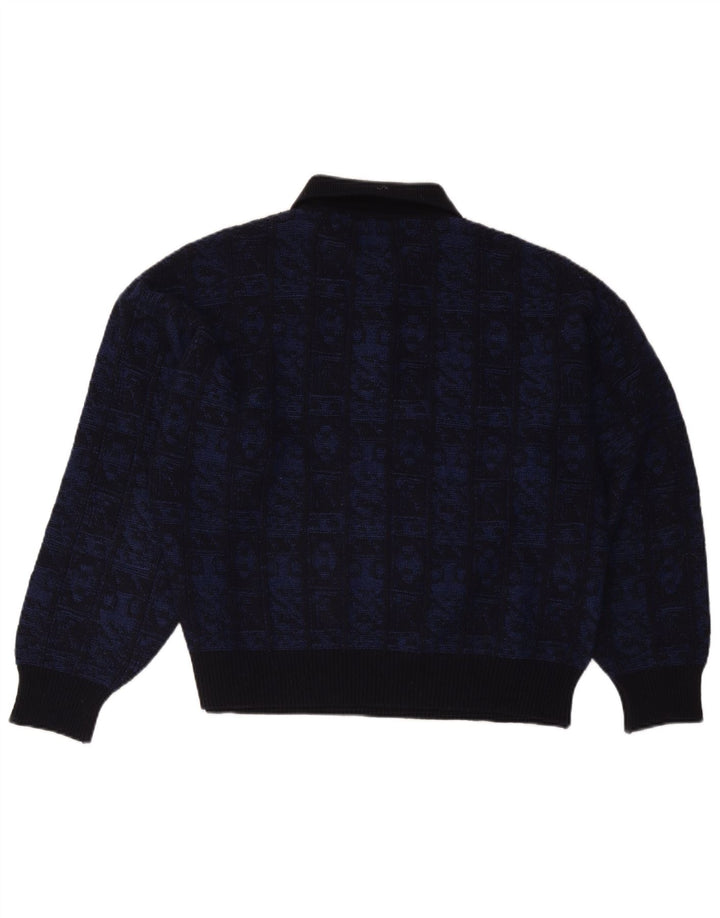 Aeffe Mens Polo Neck Jumper Sweater IT 50 Medium Navy Blue Geometric Wool