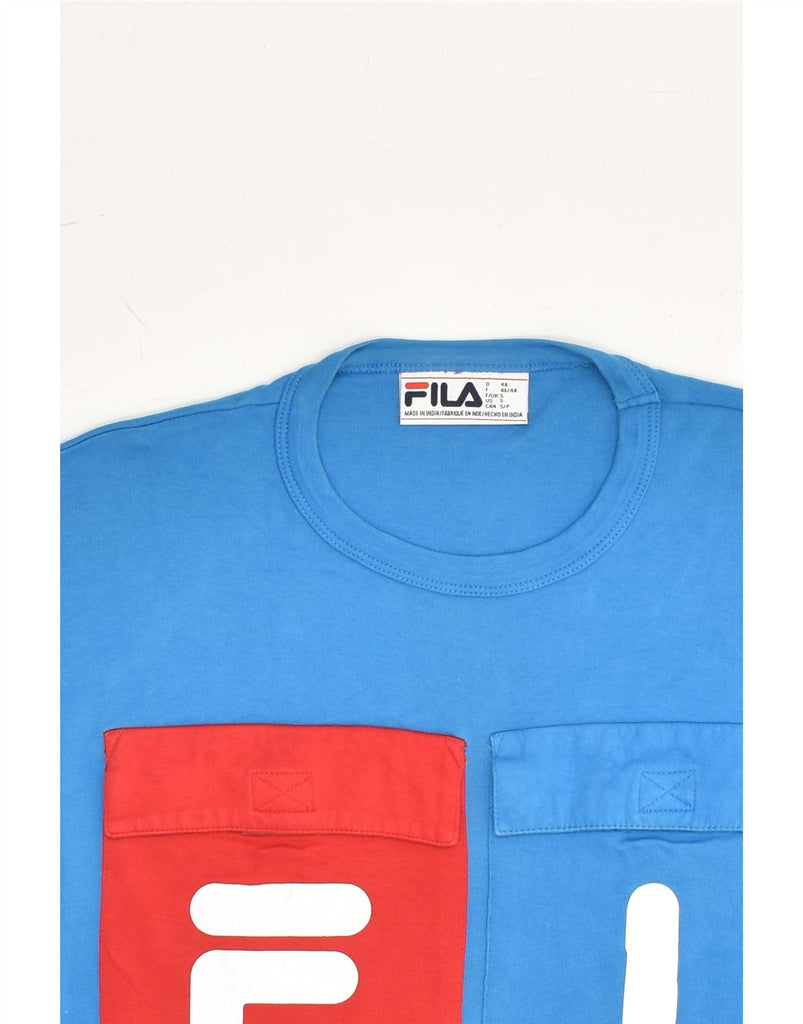 FILA Mens Graphic T-Shirt Top Small Blue Colourblock Cotton | Vintage Fila | Thrift | Second-Hand Fila | Used Clothing | Messina Hembry 