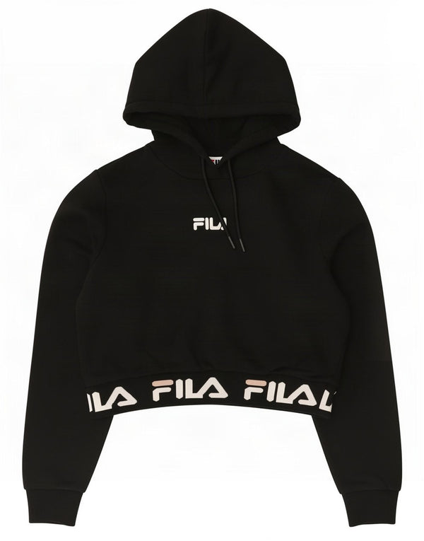 Fila Womens Oversized Graphic Crop Hoodie Jumper UK 2 2XS Black Cotton