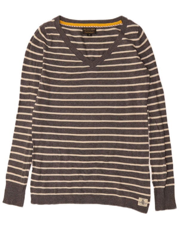Ralph Lauren Womens V-Neck Jumper Sweater UK 14 Medium Grey Striped Cotton