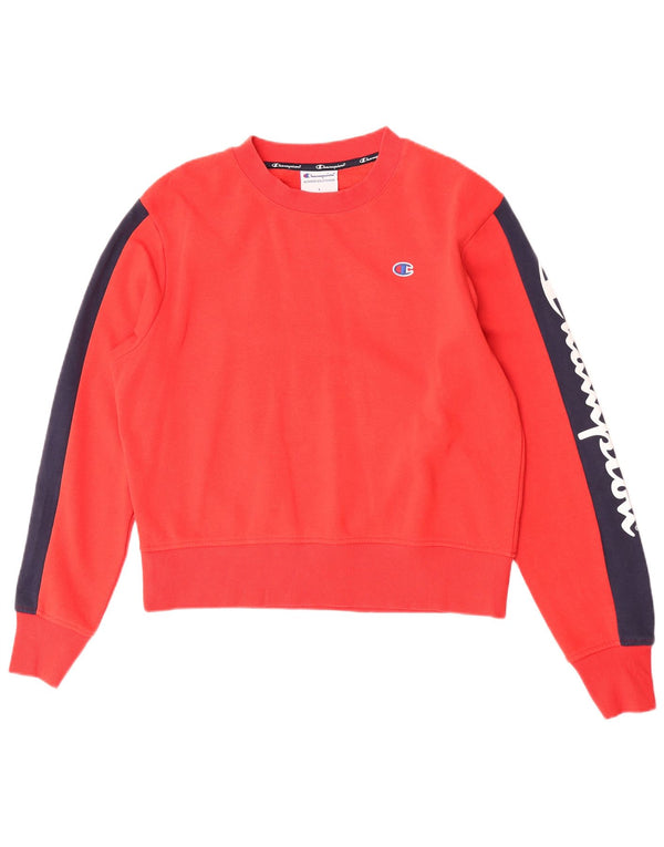 Champion Womens Crop Graphic Sweatshirt Jumper UK 16 Large Red Colourblock