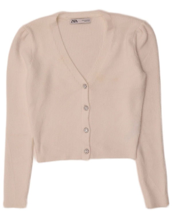 Zara Womens Crop Cardigan Sweater UK 12 Medium White Nylon