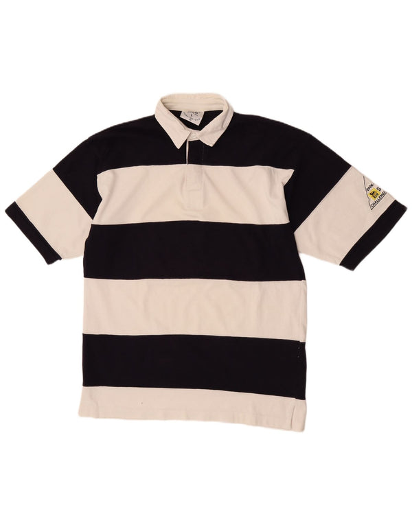 Vintage Mens Graphic Rugby Polo Shirt Large Black Striped Cotton