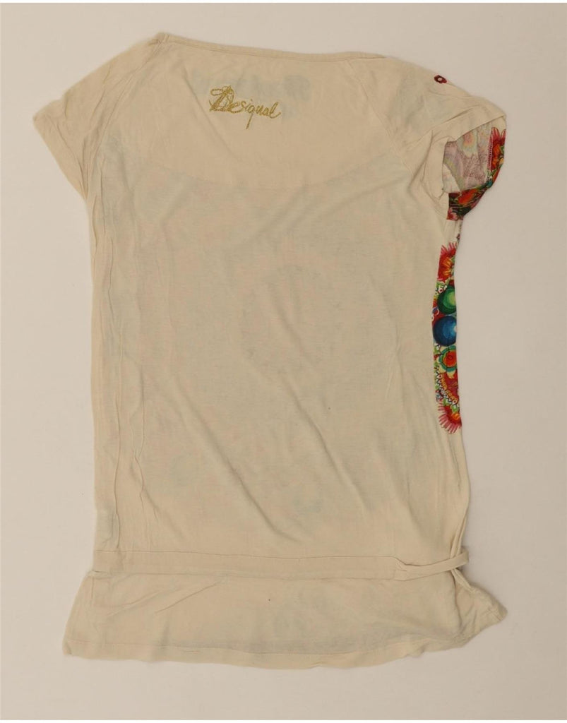DESIGUAL Womens Graphic T-Shirt Top UK 12 Medium Off White Floral Viscose Vintage Desigual and Second-Hand Desigual from Messina Hembry 