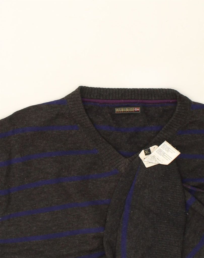 NAPAPIJRI Mens V-Neck Jumper Sweater XL Grey Striped | Vintage Napapijri | Thrift | Second-Hand Napapijri | Used Clothing | Messina Hembry 