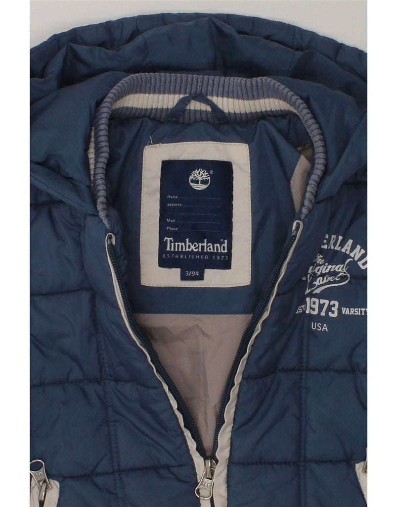 TIMBERLAND Boys Graphic Hooded Padded Jacket 2-3 Years Blue Colourblock | Vintage Timberland | Thrift | Second-Hand Timberland | Used Clothing | Messina Hembry 