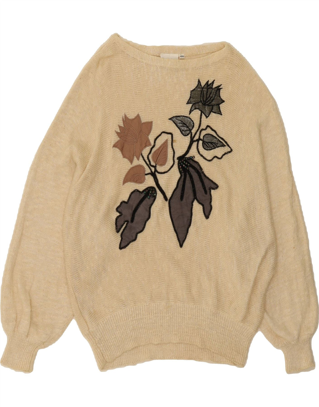 MADELEINE Womens Graphic Boat Neck Jumper Sweater EU 40/42 Medium Beige Vintage Madeleine and Second-Hand Madeleine from Messina Hembry 