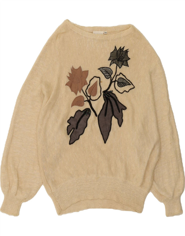 MADELEINE Womens Graphic Boat Neck Jumper Sweater EU 40/42 Medium Beige Vintage Madeleine and Second-Hand Madeleine from Messina Hembry 
