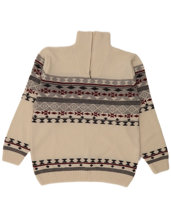 Vintage Mens Zip Neck Jumper Sweater XL Beige Fair Isle Polyacrylic