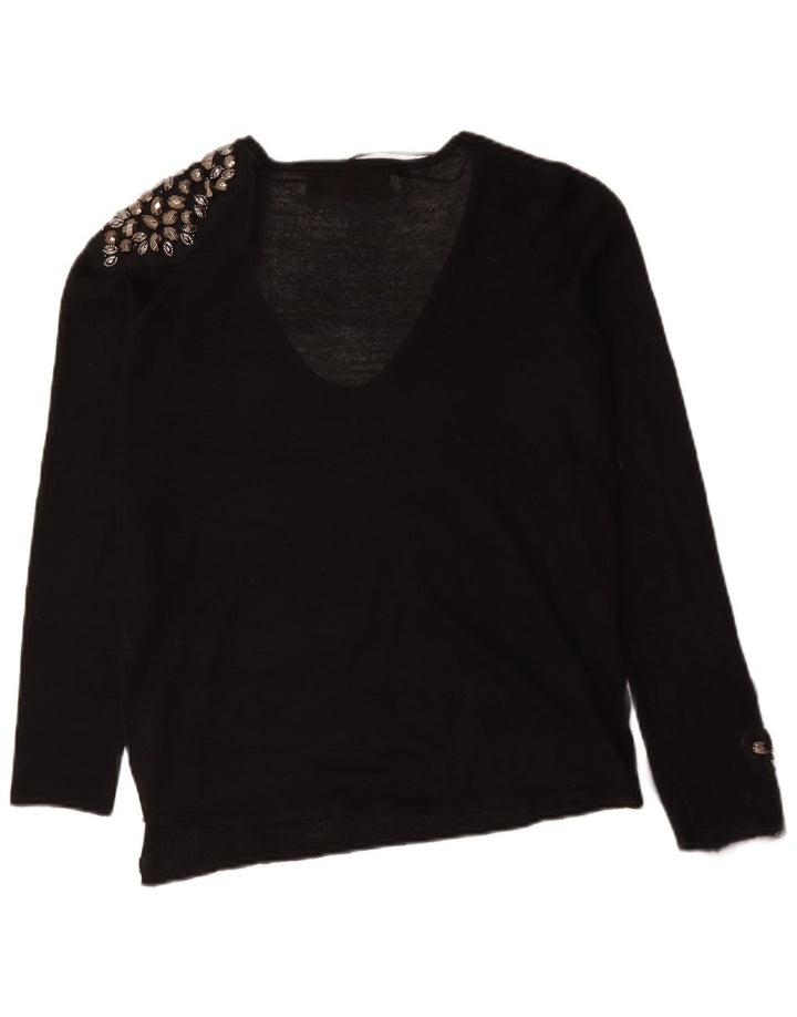 Zara Womens V-Neck Jumper Sweater UK 16 Large Black Spotted