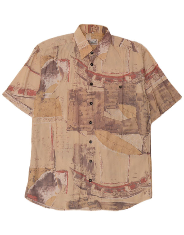 Vintage Mens Abstract Pattern Short Sleeve Shirt Size 39/40 Medium Beige