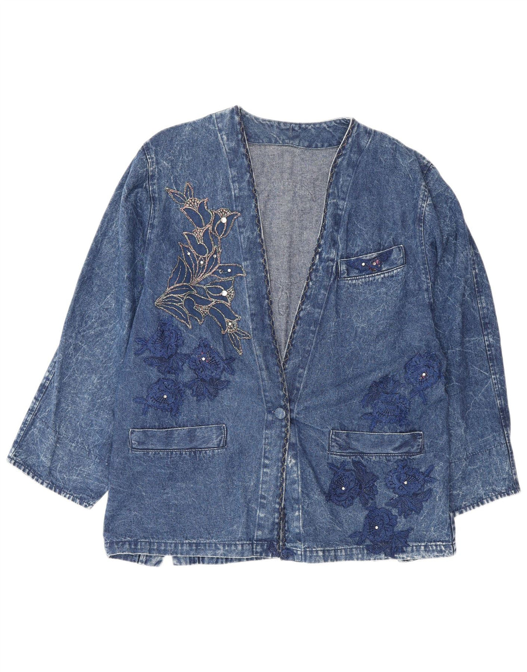 Vintage Womens Graphic Loose Fit Denim Jacket IT 42 Medium Blue Cotton