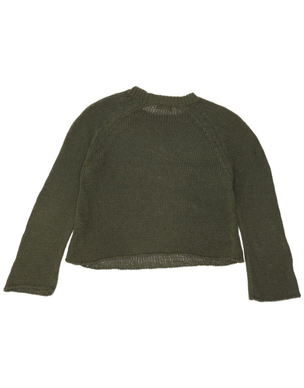 Massimo Dutti Womens Crop Crew Neck Jumper Sweater UK 10 Small Khaki Cotton