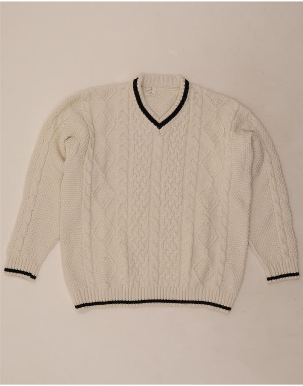 Vintage Womens V-Neck Jumper Sweater UK 20/22 XL White Acrylic