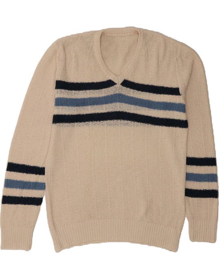 VINTAGE Mens V-Neck Jumper Sweater Large Beige Striped Vintage Vintage and Second-Hand Vintage from Messina Hembry 