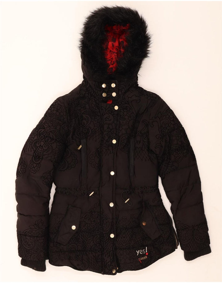 DESIGUAL Womens Hooded Padded Jacket EU 36 Small Black Paisley Polyester Vintage Desigual and Second-Hand Desigual from Messina Hembry 