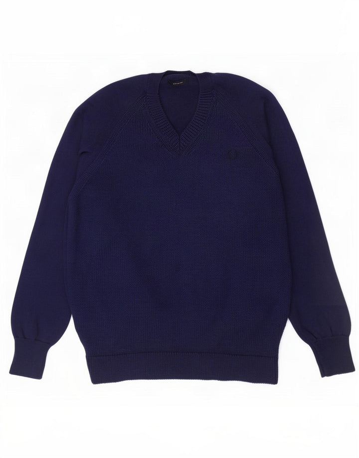 Fred Perry Mens V-Neck Jumper Sweater Large Navy Blue Wool