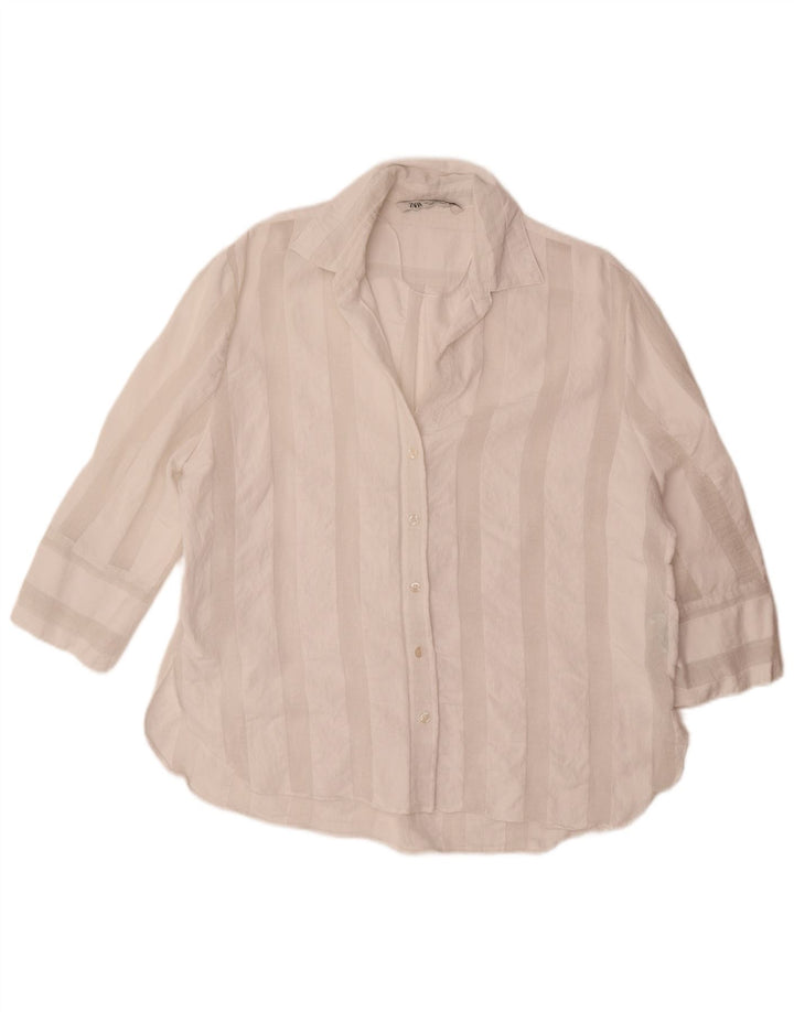 Zara Womens 3/4 Sleeve Oversized Shirt UK 16 Large White Striped