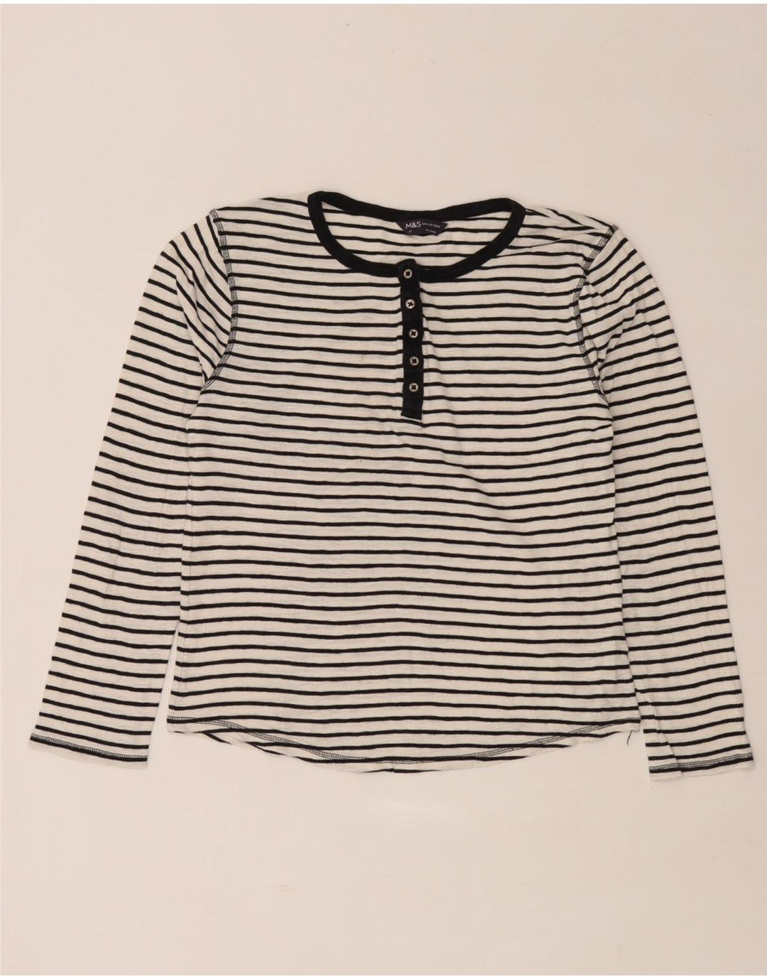 Marks & Spencer Womens Top Long Sleeve UK 14 Medium  White Striped Cotton