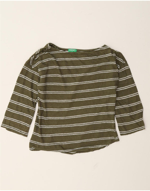 Benetton Womens Oversized Top 3/4 Sleeve UK 6 XS Green Striped Linen