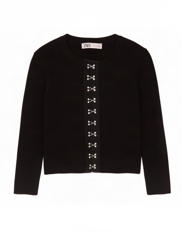 Zara Womens Crop 3/4 Sleeve Cardigan Sweater UK 8 Small Black