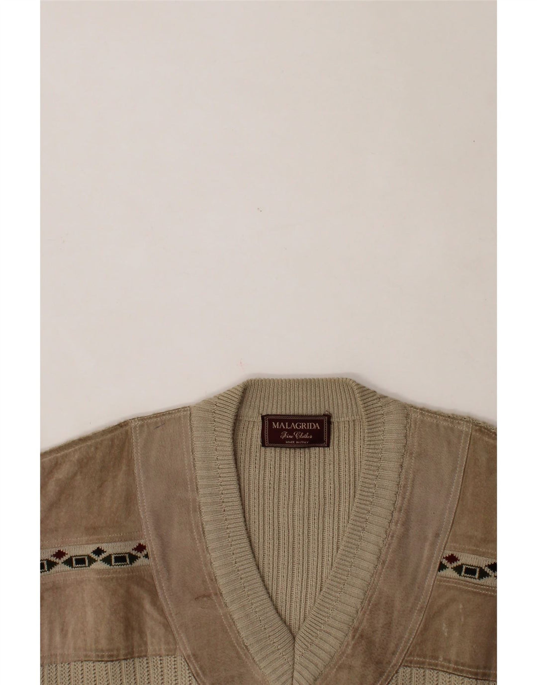 MALAGRIDA Mens V-Neck Jumper Sweater XL Beige Colourblock Wool Vintage Malagrida and Second-Hand Malagrida from Messina Hembry 