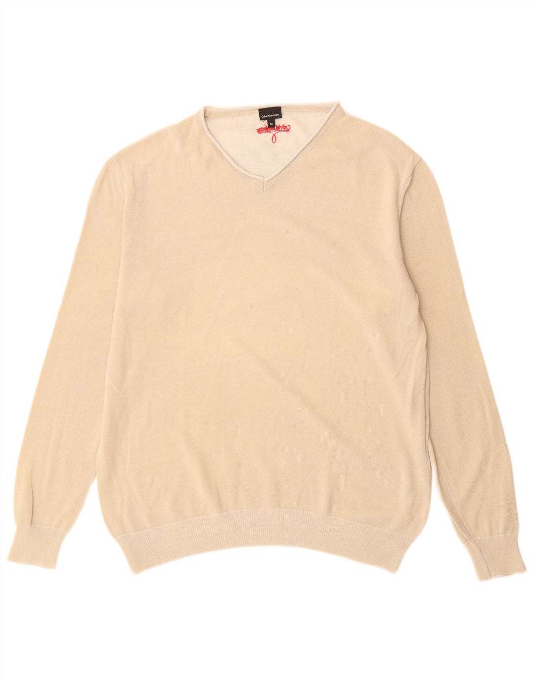 Calvin Klein Jeans Mens V-Neck Jumper Sweater Medium Beige Cotton