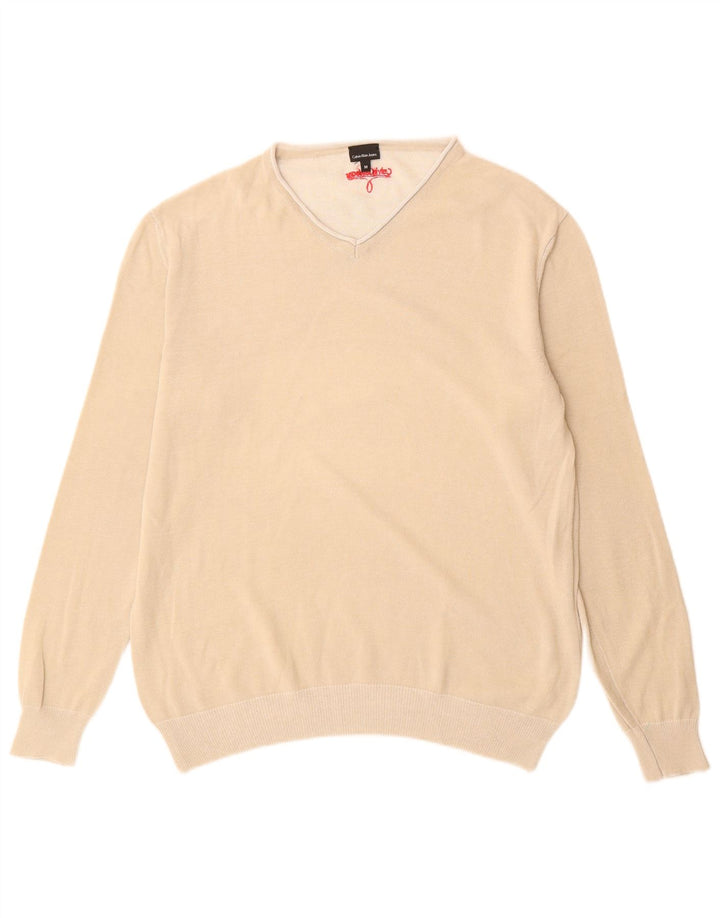 Calvin Klein Jeans Mens V-Neck Jumper Sweater Medium Beige Cotton