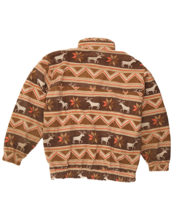 Vintage Mens Zip Neck Fleece Jumper Large Brown Animal Print
