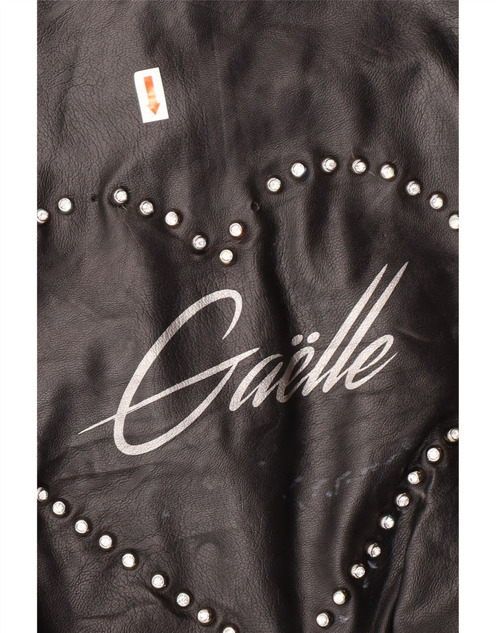 GAELLE Womens Graphic Crop Leather Jacket UK 6 XS Black